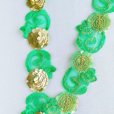 Green Lace Trim, Tissue Fabric Cutwork With Floral Embroidery & Gold Sequins,